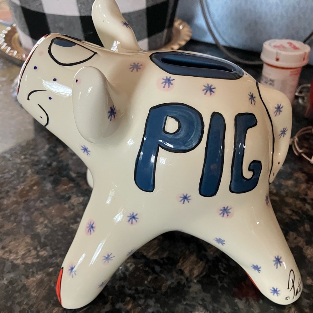 Vintage Pati signed Ceramic Piggy Bank with Blue Accents